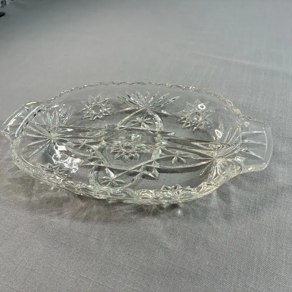Vintage Clear Cut Glass Relish Tray Oval Handled Serving Dish Candy Nut Bowl